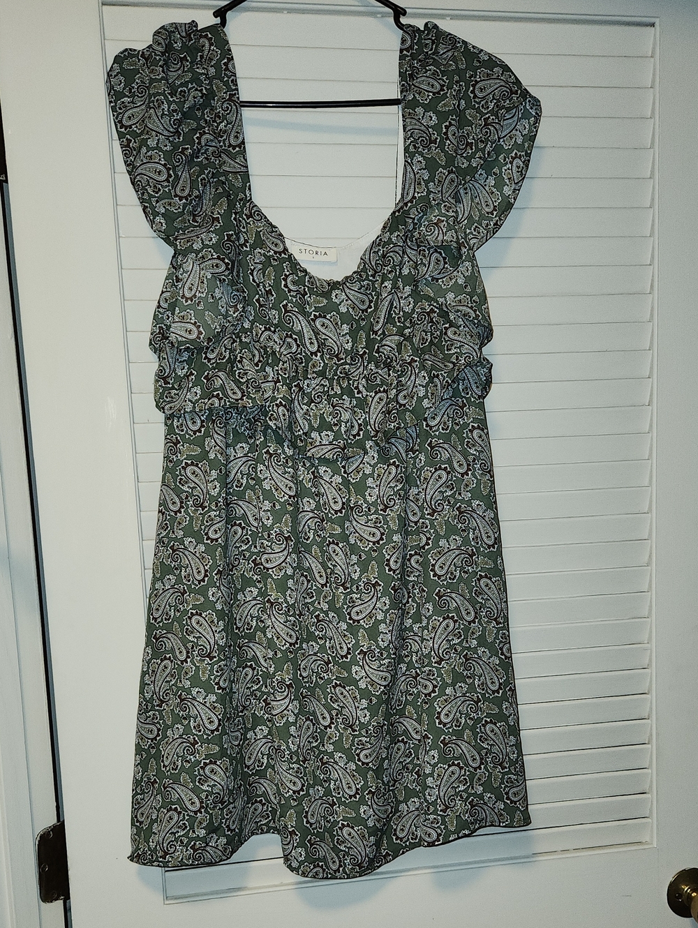Storia Olive Green Paisley Ruffle Mini Dress